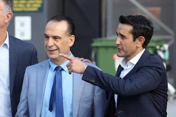 David Crisafulli with NRL chairman Peter V’landys at Suncorp Stadium on Friday ahead of the Magic Round.