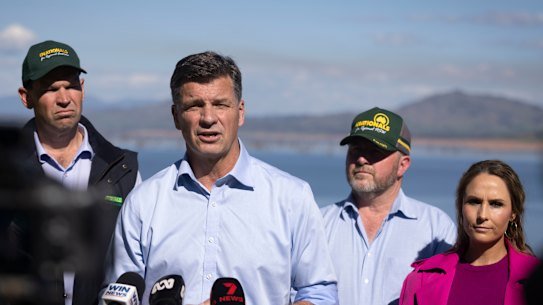 Angus Taylor, second from left, in the federal electorate of Farrer on Monday.