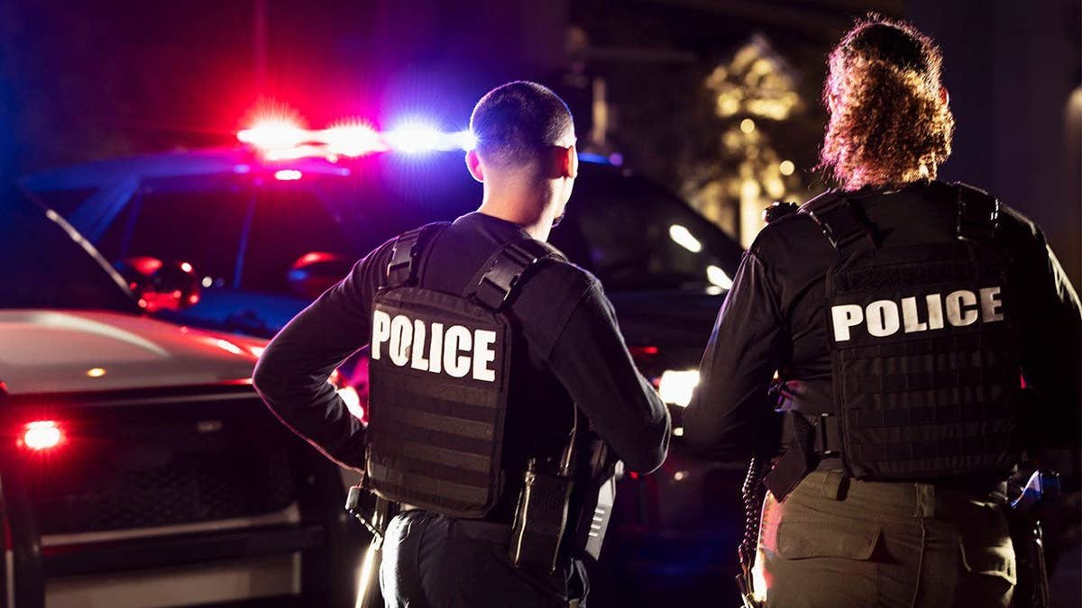 Rear view of two police officers standing side by side in front of their police vehicles