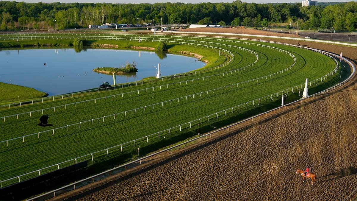 A horse working out at Laurel Park racetrack during sunrise.