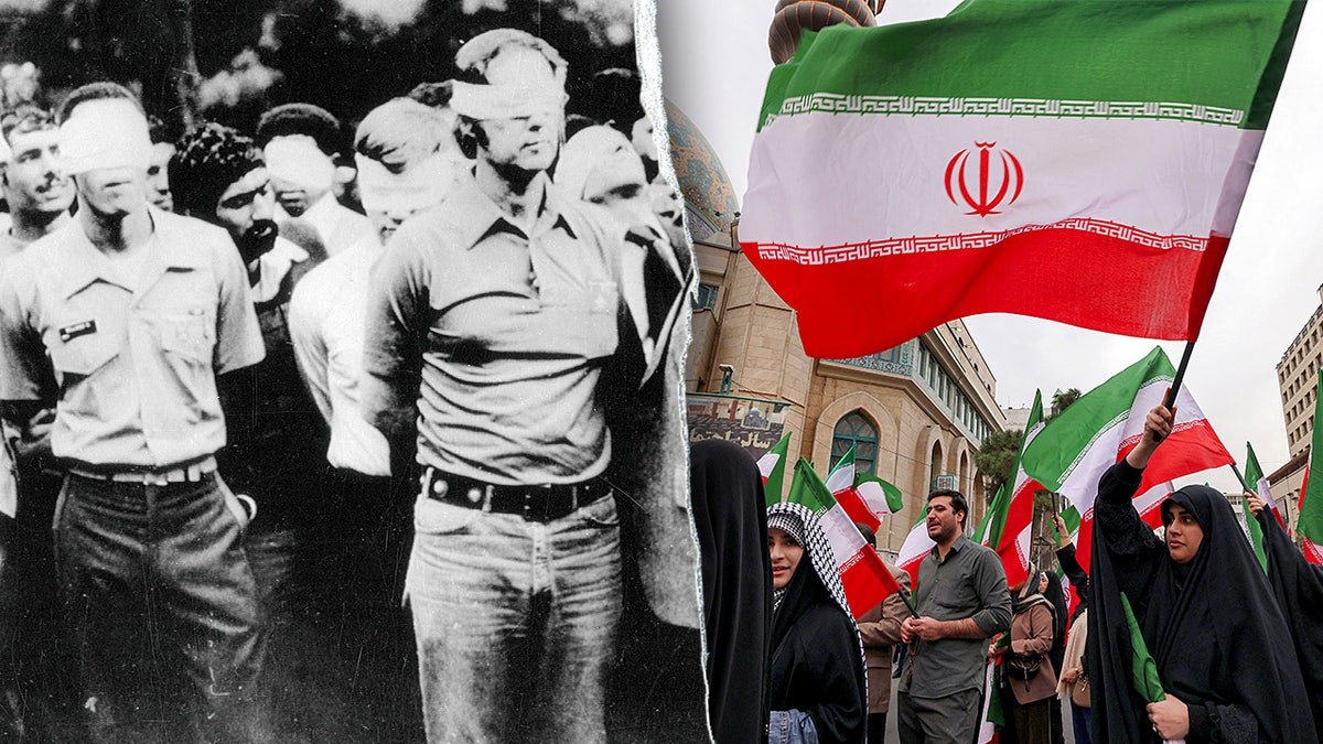 Split image showing Americans held hostage during 1979 Tehran embassy seizure and modern-day protests in Iran