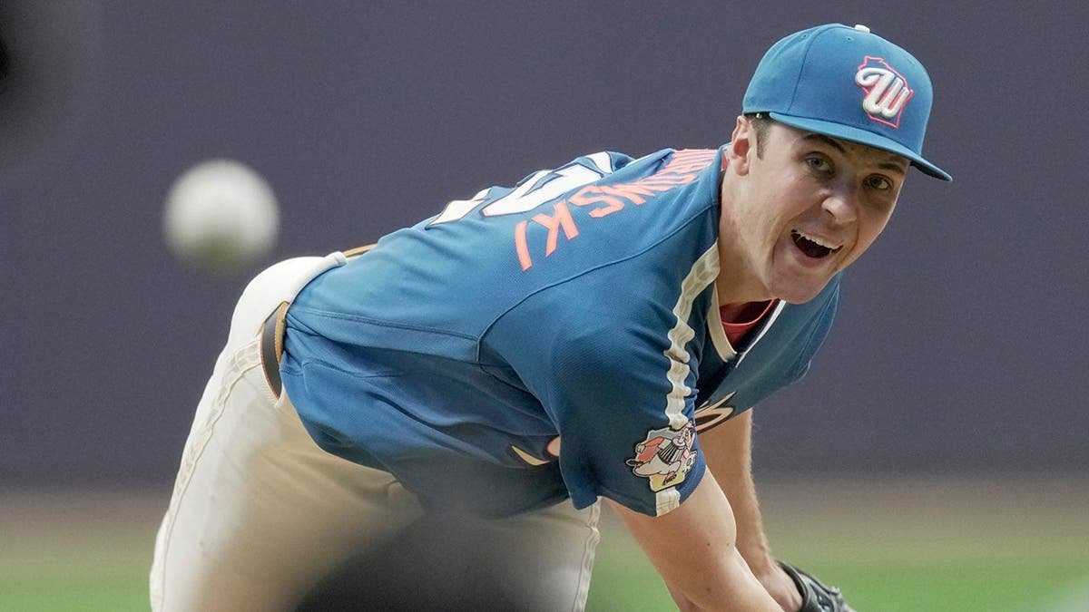 Milwaukee Brewers pitcher Jacob Misiorowski throwing a pitch during a game.