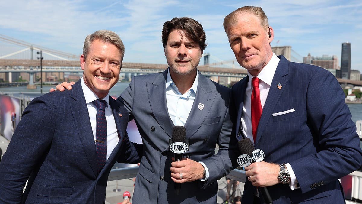 Mauricio Pochettino posing with Fox pundits during United States World Cup roster reveal in New York City