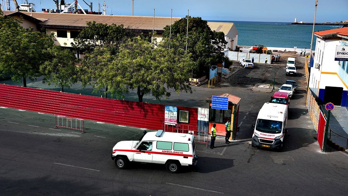 An ambulance evacuating patients from the MV Hondius cruise ship in Praia, Cape Verde