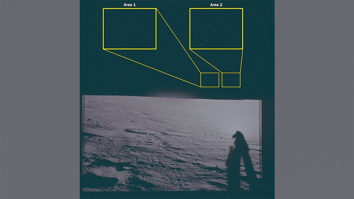 Lunar surface from Apollo 12 landing site with two highlighted areas labeled Area 1 and Area 2