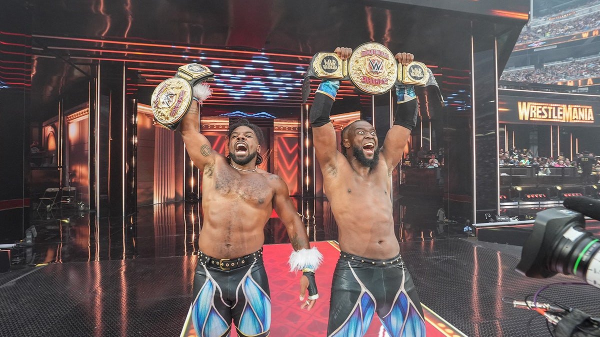 Xavier Woods and Kofi Kingston celebrating their win at WrestleMania 41 in Allegiant Stadium