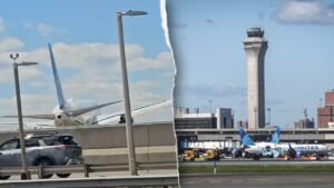 United flight carrying 221 passengers hits pole and truck on approach to Newark