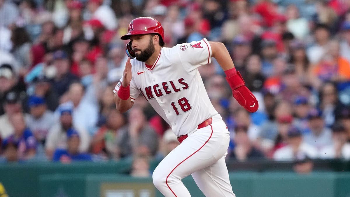 Los Angeles Angels first baseman Nolan Schanuel running to second base at Angel Stadium