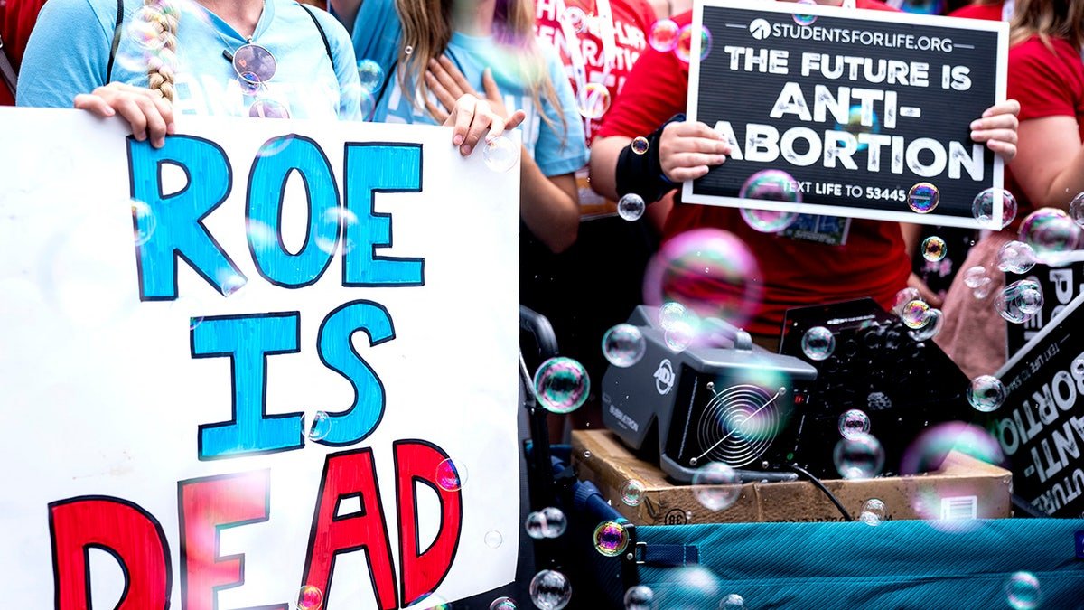 Anti-abortion activists holding signs outside the U.S. Supreme Court in Washington, D.C.