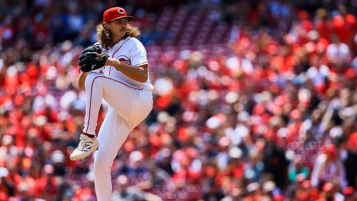 Rhett Lowder pitching for Cincinnati Reds at Great American Ball Park
