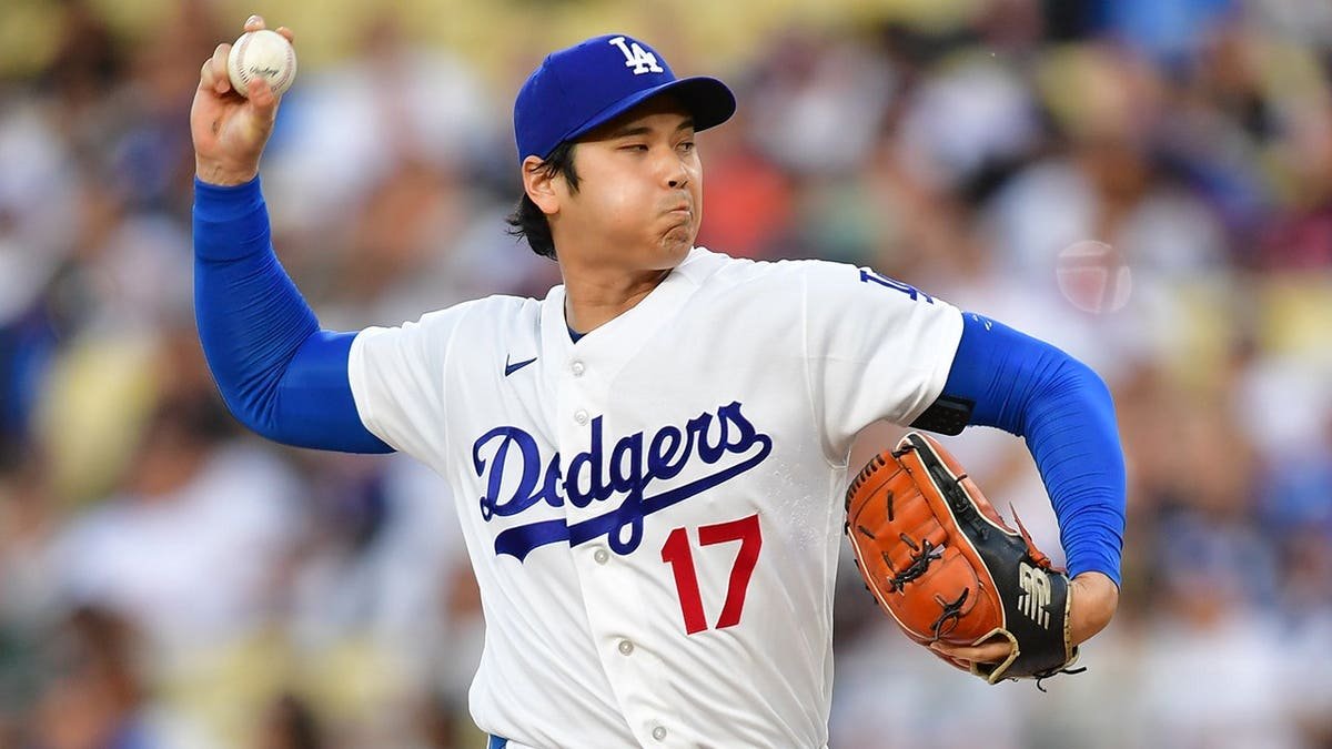 Shohei Ohtani pitching during a baseball game at Dodger Stadium