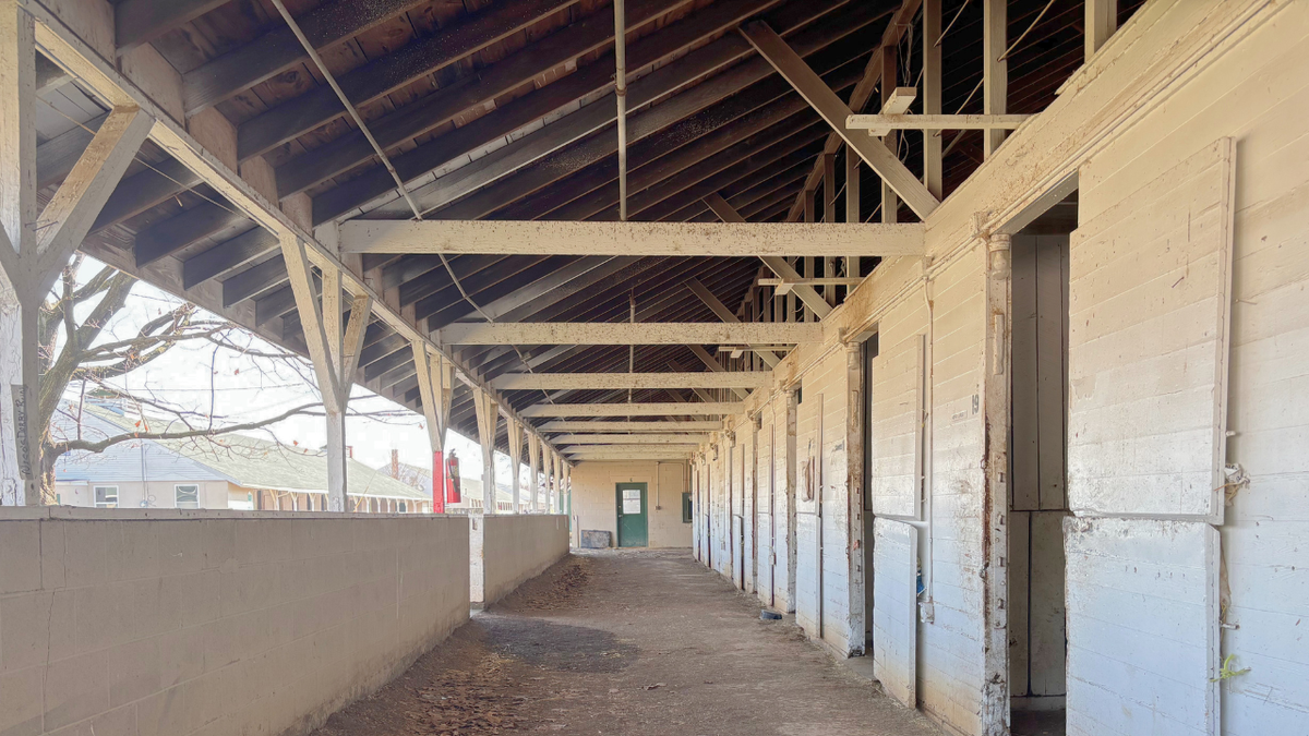 A view of horse stables at Churchill Downs.