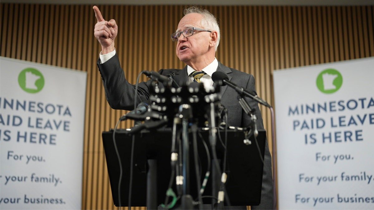 Democratic Gov. Tim Walz speaking at a news conference in Minneapolis, Minnesota