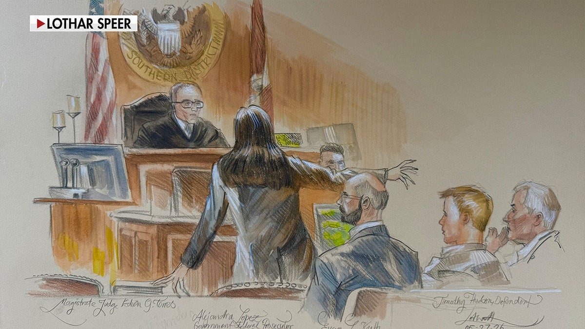 Court sketch of public defender arguing case