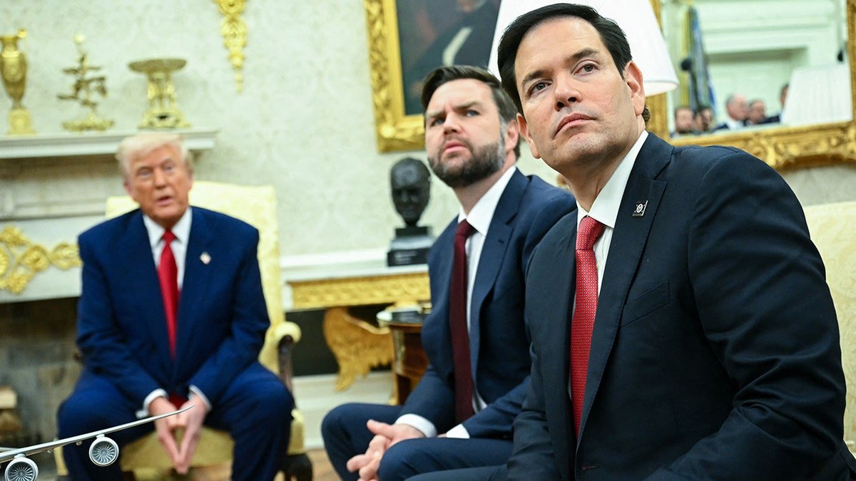President Donald Trump, Vice President JD Vance, and Secretary of State Marco Rubio standing with Israeli Prime Minister Benjamin Netanyahu in the Oval Office