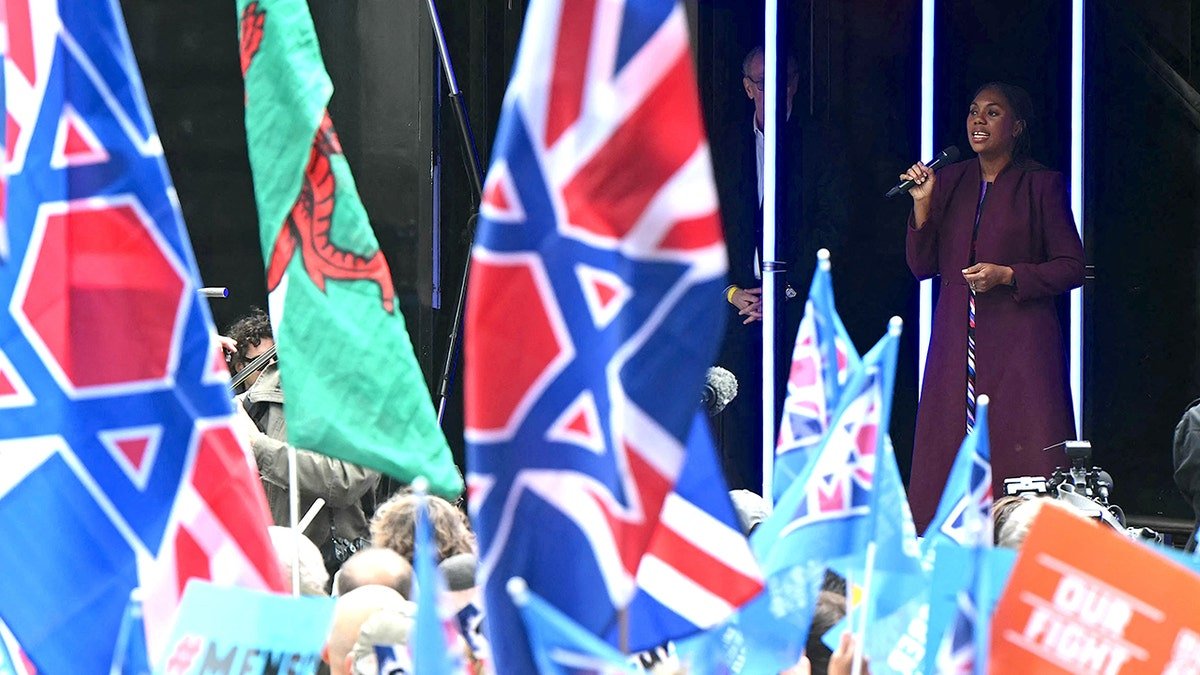 Kemi Badenoch speaking at an antisemitism rally in the U.K.