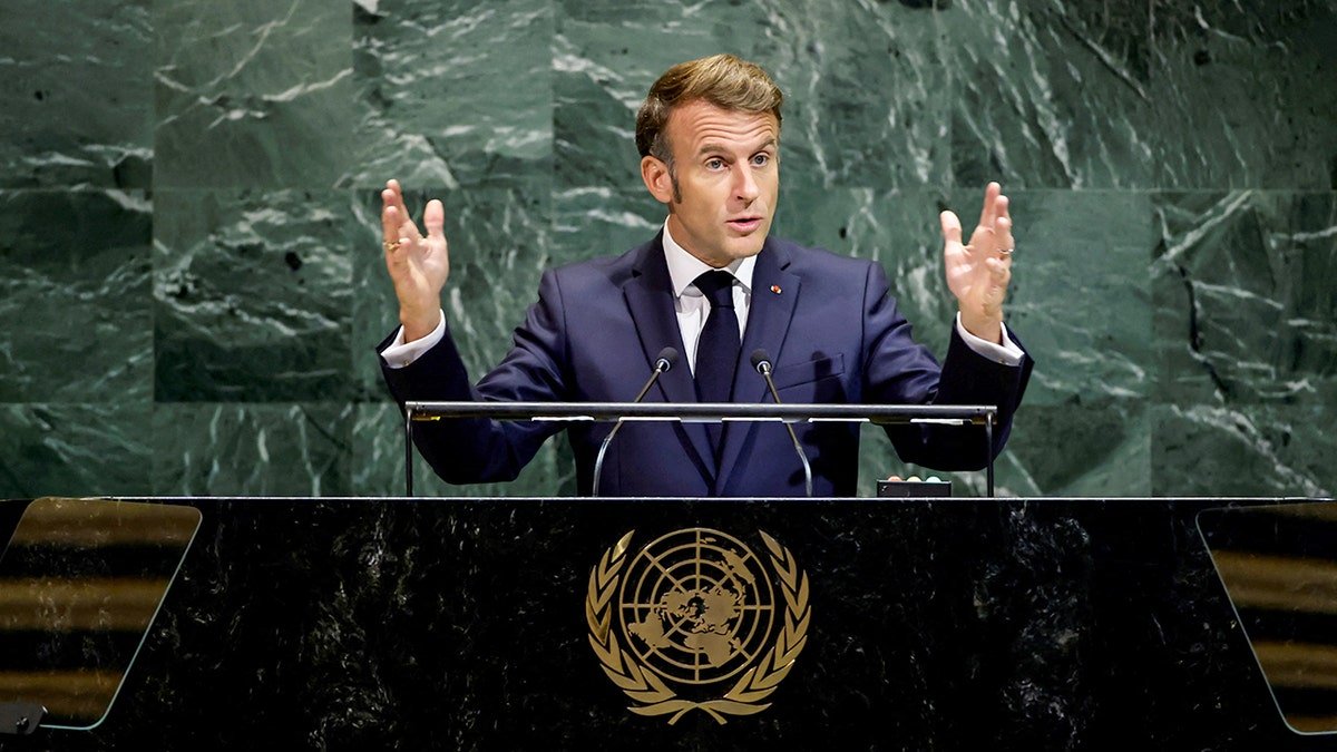 French President Emmanuel Macron speaking at the United Nations General Assembly in New York