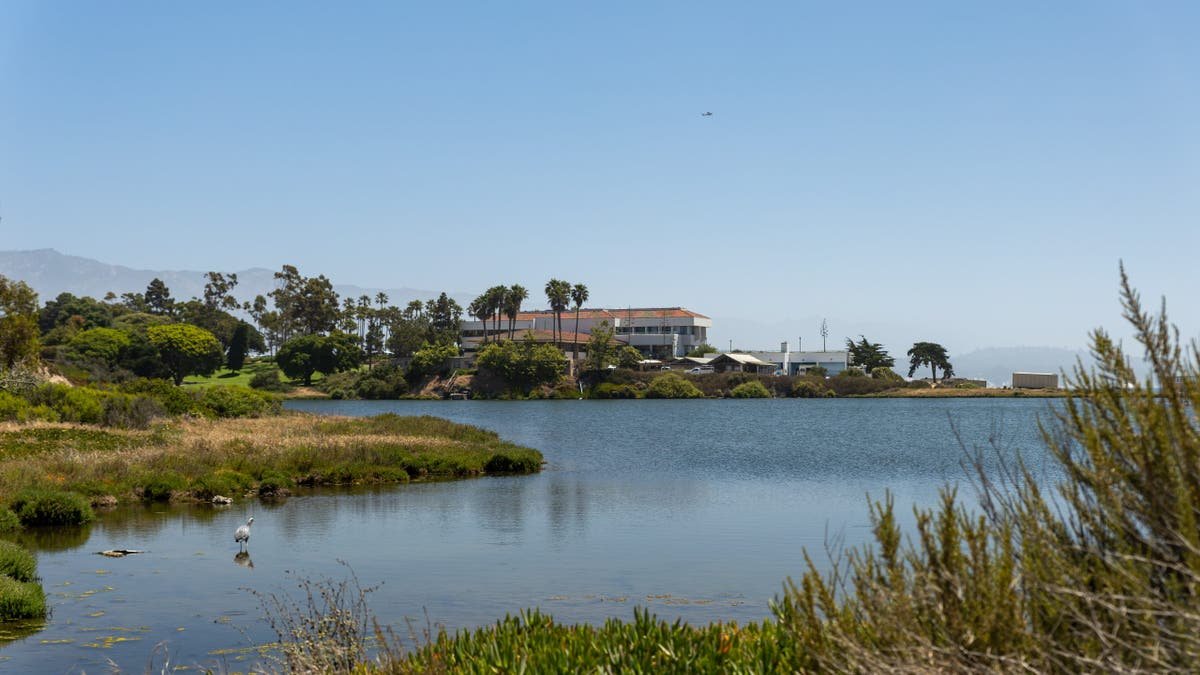 View of University of California Santa Barbara campus across lagoon
