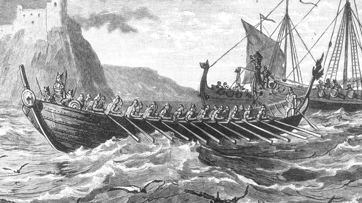 Depiction of Viking leader Ivar the Boneless leading raiders invading England.