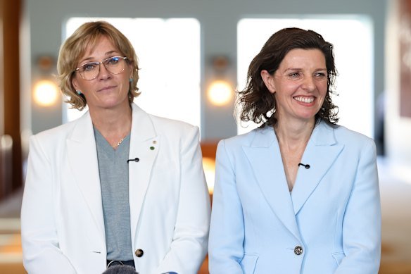 Zali Steggall (left) and Allegra Spender on Thursday. They have joined forces to form the Community Strong Australia party.