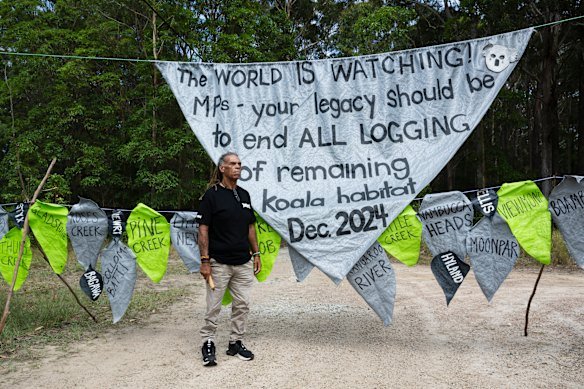 Gumbaynggirr elder Uncle Micklo Jarrett at a protest against logging at Little Newry Forest on the Mid-North Coast of NSW. The forest is part of the potential area for the proposed Great Koala National Park. 