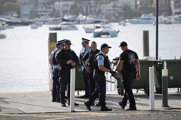 Officers at Rose Bay ferry wharf, where shark victim Nico Antic was treated by paramedics after being ferried from Vaucluse by WP41.