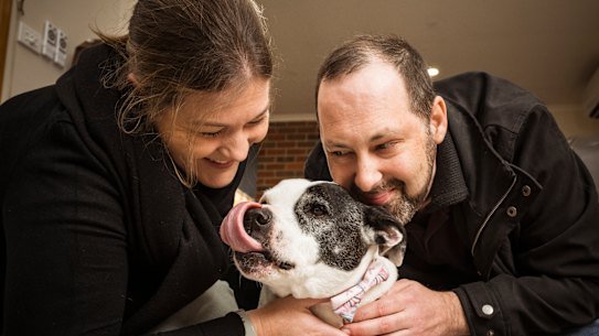 Sarah Fleming and Ben Macaulay and their adopted dog Frankie.