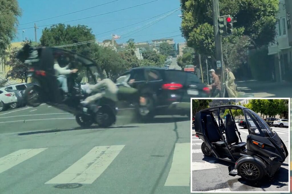 Graphic footage shows driver flung from three-wheeler after smashing into Audi at San Francisco intersection
