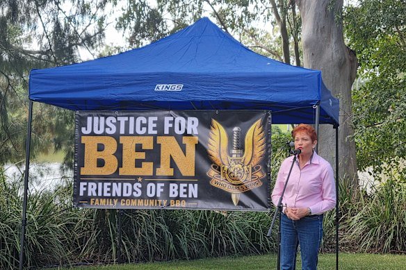 Pauline Hanson addresses the Justice for Ben event in Seventeen Mile Rocks in Brisbane.