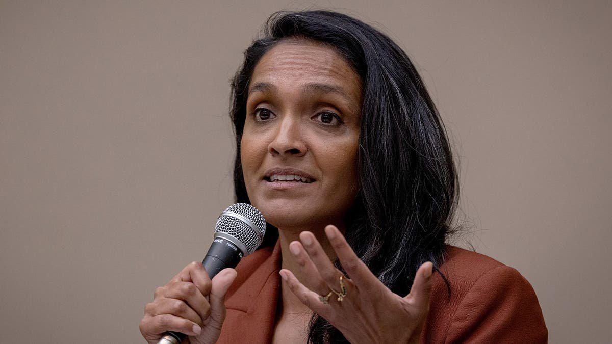 Nithya Raman speaks into a microphone.