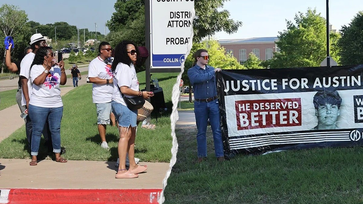 Rival crowds chanting outside courthouse during Karmelo Anthony trial.