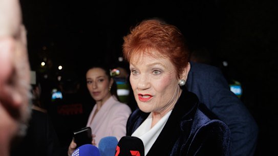 One Nation leader Pauline Hanson speaks with the media outside a Melbourne venue on Friday night.