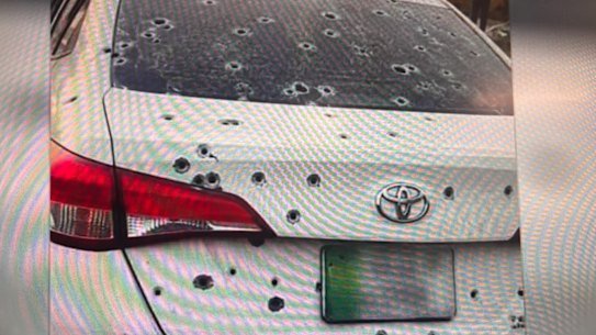 The bullet-riddled car of nine-year-old West Australian girl shot dead by police while travelling with her family in Pakistan. June 14, 2026
