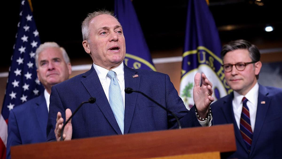 House Majority Leader Steve Scalise speaking at a news conference with House Majority Whip Tom Emmer and Speaker Mike Johnson at the U.S. Capitol