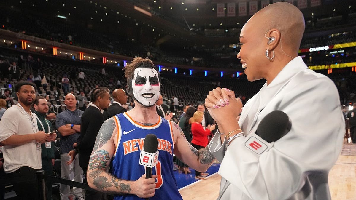 Danhausen talks to the media before an NBA Finals game at Madison Square Garden in New York