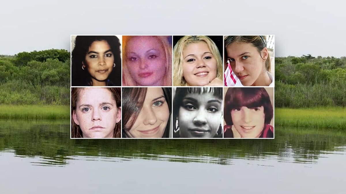 Gilgo Beach victims faces inset over a landscape shot of the marsh where they were found