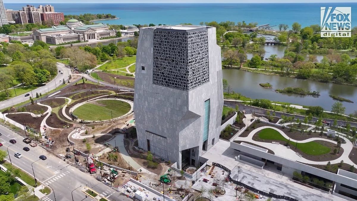 An aerial view shows the Obama Presidential Center in Jackson Park on Chicago's South Side. The center includes a museum tower, public gathering spaces, athletic facilities and offices for the Obama Foundation.
