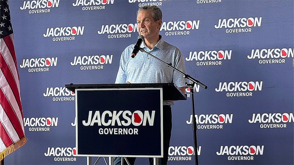 Republican gubernatorial candidate Rick Jackson speaking to supporters at a campaign stop in Alpharetta, Georgia