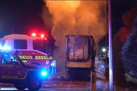 Truck catches fire on Perth highway Truck catches fire on Perth highway