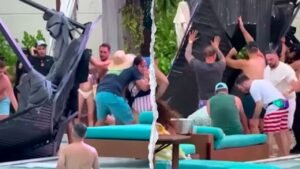 Terrifying scene unfolds as metal cabana frame crashes into packed casino pool area Terrifying scene unfolds as metal cabana frame crashes into packed casino pool area