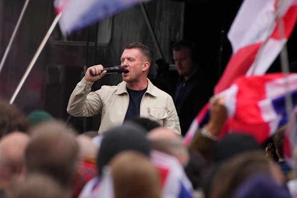 Far-right agitator Stephen Yaxley-Lennon – known by his pseudonym Tommy Robinson – speaks during the Unite the Kingdom rally on May 16.