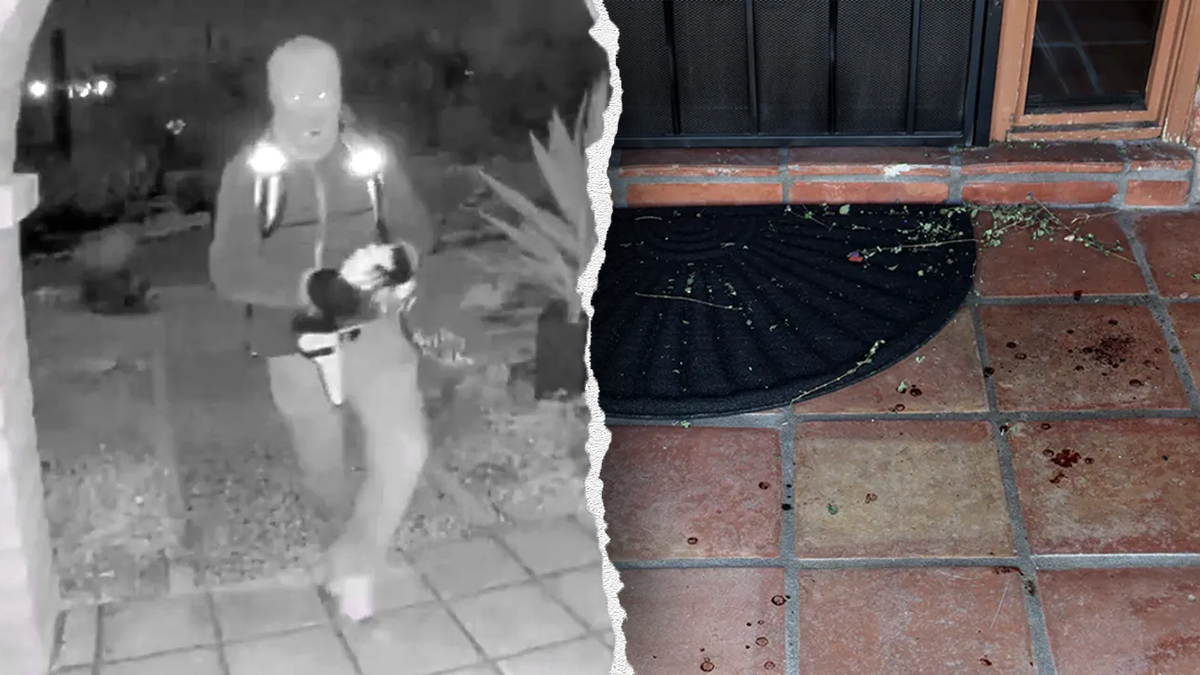 A split image showing a masked intruder at Nancy Guthrie's home and the blood found at her doorstep the morning after she is believed to have been abducted from her home in the Catalina Foothills of Tucson, Arizona.