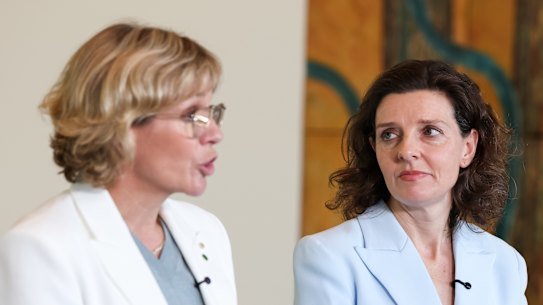  Zali Steggall and Allegra Spender during a press conference to announce the new party at Parliament House. 