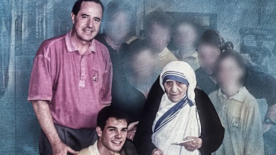Rohan Burdett (middle) pictured with Robert Callen and the saint Mother Teresa