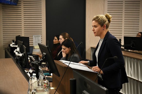 Counsel assisting Emma Bathurst outlines allegations about Alyssa White assisting friends applying for governance roles at the University of Wollongong on Monday.