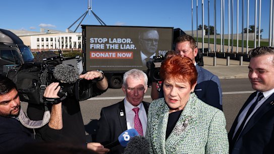 One Nation leader Pauline Hanson speaks to the media outside Parliament House.