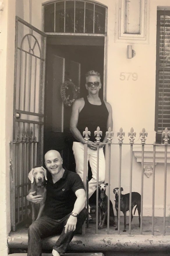 Whitaker and Novak-Piper outside their terrace in 2007, with (from left) Weimaraner pup, Otis, and Italian greyhounds, Avard and Argie.