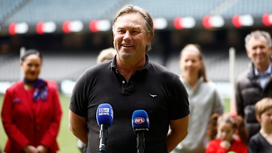 Tony Modra speaks with media in 2024 about the AFL’s mark and goal of the year, which he’ll be forever linked to.