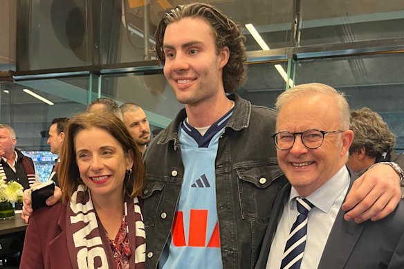 Sport Minister Anika Wells, Chicago Bulls star Josh Giddey and Prime Minister Anthony Albanese.
