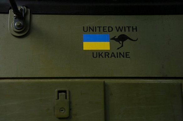 A kangaroo mascot alongside the Ukrainian flag on the side of a Bushmaster. Australia has sent dozens of the armoured vehicles to the war-ravaged country.